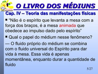 5/27
Cap. IV – Teoria das manifestações físicasCap. IV – Teoria das manifestações físicas
 “Não é o espírito que levanta a mesa com a
força dos braços, é a mesa animada que
obedece ao impulso dado pelo espírito”
 Qual o papel do médium nesse fenômeno?
— O fluido próprio do médium se combina
com o fluido universal do Espírito para dar
vida à mesa. Essa vida é apenas
momentânea, enquanto durar a quantidade de
fluido
O LIVRO DOS MÉDIUNSO LIVRO DOS MÉDIUNS
 
