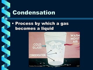 Condensation Process by which a gas becomes a liquid 