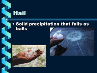 Hail Solid precipitation that falls as balls 