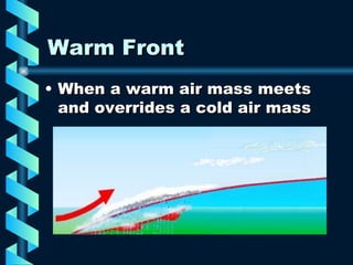 Warm Front When a warm air mass meets and overrides a cold air mass 