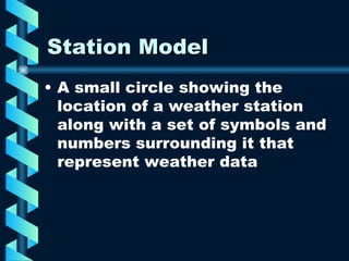 Station Model A small circle showing the location of a weather station along with a set of symbols and numbers surrounding it that represent weather data 