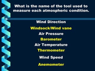 What is the name of the tool used to measure each atmospheric condition. Wind Direction Air Pressure Air Temperature Wind Speed Windsock/Wind vane Barometer Thermometer Anemometer 