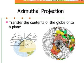 Azimuthal Projection Transfer the contents of the globe onto a plane 