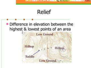 Relief Difference in elevation between the highest & lowest points of an area 