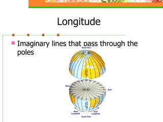 Longitude Imaginary lines that pass through the poles 