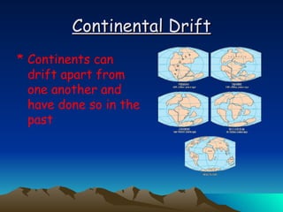 Continental Drift Continents can drift apart from one another and have done so in the past 