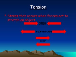 Tension Stress that occurs when forces act to stretch an object 