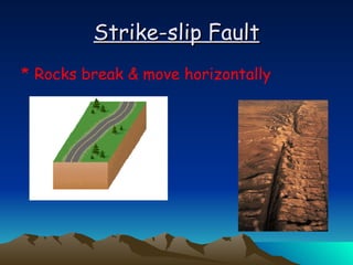 Strike-slip Fault Rocks break & move horizontally 