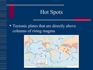 Hot Spots Tectonic plates that are directly above columns of rising magma 