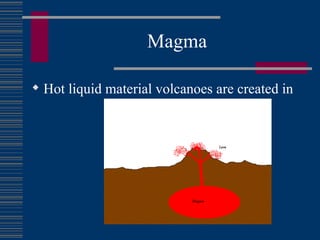 Magma Hot liquid material volcanoes are created in 