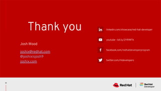Thank you linkedin.com/showcase/red-hat-developer
youtube - bit.ly/2YRIWTk
facebook.com/redhatdeveloperprogram
twitter.com/rhdevelopers
35
Josh Wood
joshix@redhat.com
@joshixisjosh9
joshix.com
 