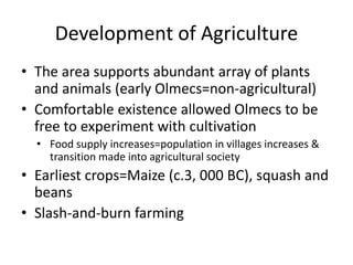 Development of Agriculture
• The area supports abundant array of plants
and animals (early Olmecs=non-agricultural)
• Comfortable existence allowed Olmecs to be
free to experiment with cultivation
• Food supply increases=population in villages increases &
transition made into agricultural society
• Earliest crops=Maize (c.3, 000 BC), squash and
beans
• Slash-and-burn farming
 