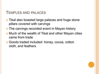 TEMPLES AND PALACES
 Tikal also boasted large palaces and huge stone
pillars covered with carvings
 The carvings recorded event in Mayan history
 Much of the wealth of Tikal and other Mayan cities
came from trade
 Goods traded included: honey, cocoa, cotton
cloth, and feathers
 