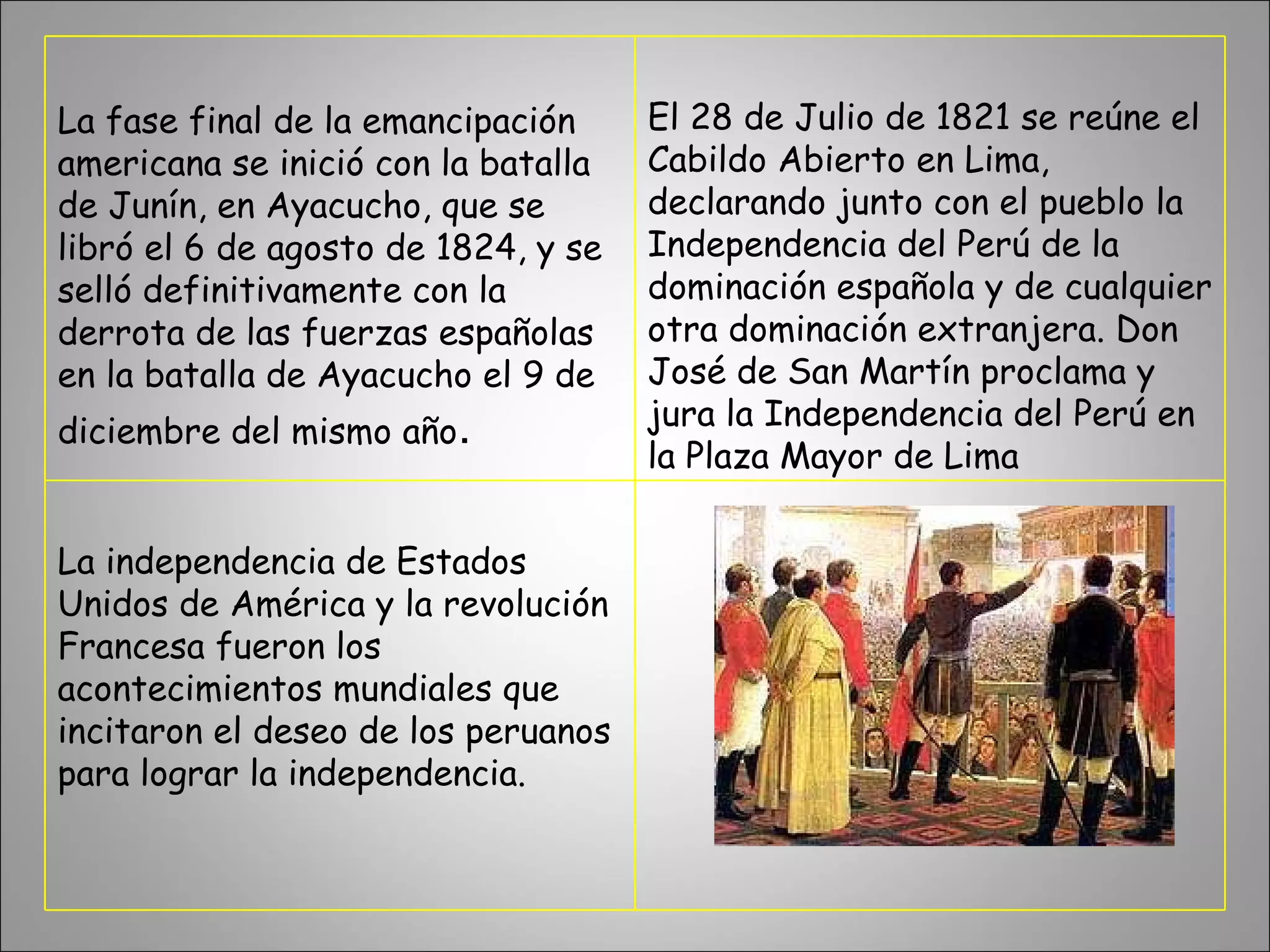 La fase final de la emancipación americana se inició con la batalla de Junín, en Ayacucho, que se libró el 6 de agosto de 1824, y se selló definitivamente con la derrota de las fuerzas españolas en la batalla de Ayacucho el 9 de diciembre del mismo año . El 28 de Julio de 1821 se reúne el Cabildo Abierto en Lima, declarando junto con el pueblo la Independencia del Perú de la dominación española y de cualquier otra dominación extranjera. Don José de San Martín proclama y jura la Independencia del Perú en la Plaza Mayor de Lima  La independencia de Estados Unidos de América y la revolución Francesa fueron los acontecimientos mundiales que incitaron el deseo de los peruanos  para lograr la independencia. 