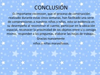 CONCLUSIÓN
    Es importante reconocer, que el proceso de construcción
 realizado durante estas cinco semanas, han facilitado una serie
 de comprensiones a nuestros niños y niñas, esto se evidencia en
su desempeño al reconstruir el cuento, participar en la ubicación
espacial, reconocer la proximidad de los objetos entre si y consigo
mismo, responder a las preguntas, elaborar las hojas de trabajo…
                       Gracias nuevamente
                    niños y niñas maravillosos.
 