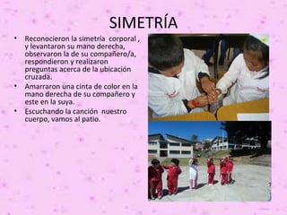 SIMETRÍA
•   Reconocieron la simetría corporal ,
    y levantaron su mano derecha,
    observaron la de su compañero/a,
    respondieron y realizaron
    preguntas acerca de la ubicación
    cruzada.
•   Amarraron una cinta de color en la
    mano derecha de su compañero y
    este en la suya.
•   Escuchando la canción nuestro
    cuerpo, vamos al patio.
 