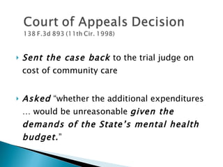 Sent the case back  to the trial judge on cost of community care Asked  “whether the additional expenditures … would be unreasonable  given the demands of the State’s mental health budget. ” 