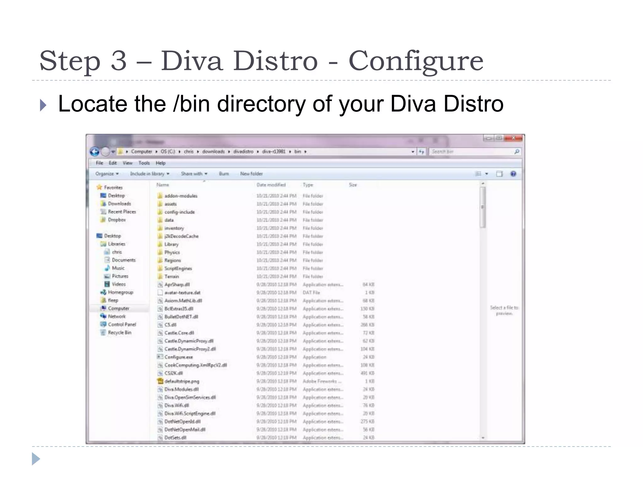 Step 3 – Diva Distro - ConfigureLocate the /bin directory of your Diva Distro