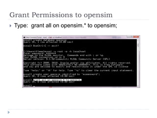 Grant Permissions to opensimType:  grant all on opensim.* to opensim;
