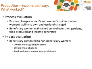 Production – income pathway:
What worked?
• Process evaluation
• Positive changes in men’s and women’s opinions about
women’s ability to own and use land changed
• Beneficiary women maintained control over their gardens,
food produced and income generated
• Impact evaluation
• Beneficiary compared to non-beneficiary women:
• Owned more agriculture assets
• Owned more chickens
• Produced more micronutrient-rich foods
 