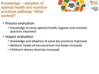 Knowledge – adoption of
optimal health and nutrition
practices pathway: What
worked?
• Process evaluation
• Knowledge of some optimal health, hygiene and nutrition
practices improved
• Impact evaluation
• Knowledge and adoption of some key practices improved
• Mothers’ intake of micronutrient-rich foods increased
• Children’s dietary diversity increased
 