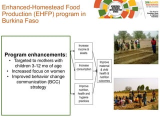 Increase
production
Enhanced-Homestead Food
Production (EHFP) program in
Burkina Faso
Establish
Village
Model
Farms
Provide
agriculture
training
Provide
nutrition
and health-
related
training
Establish
home
gardens
Distribute
agriculture
and
zoological
inputs
Program enhancements:
• Targeted to mothers with
children 3-12 mo of age
• Increased focus on women
• Improved behavior change
communication (BCC)
strategy
Increase
income &
assets
Increase
consumption
Improve
nutrition,
health and
hygiene
practices
Improve
maternal
& child
health &
nutrition
outcomes
 