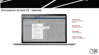 Блокування зв’язків С2 : приклад
Деталізація
інфікованих систем
Зрозуміти
вплив інфікування
Визначення
найактивніших спроб
зв’язку
Вжити заходів
карантин кінцевих точок
 
