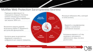 McAfee Web Protection Багаторівнева Безпека
Визначення хмарних додатків
включаючи shadow IT, керування їх
доступом або функціоналом
Контроль даних за допомогою
вбудованих словників та
шифрування для хмарних середовищ
Підвищення ефективності та
покращення операцій з безпекою
шляхом інтеграції до пісочниці,
кінцевих точок, обміну інформацією
про загрози, SIEM та ін.
eP
Anti-
Malware
Security
Integration
Data
Protection
Application
Visibility and
Control
Content
Inspection
SSL
Scanning
Блокування відомого та 0-day
шкідливого програмного
забезпечення, перш ніж воно
досягне мети
Видимість у зашифрованому
трафіку та запобігання
прихованим загрозам
Фільтрація небажаних URLs, категорій
та типів контенту
Rule
Outbound Traffic Inbound Traffic
Engine
 