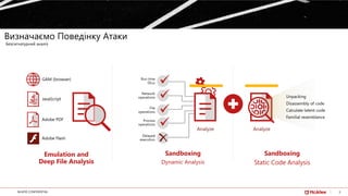 9McAFEE CONFIDENTIAL
Emulation and
Deep File Analysis
GAM (browser)
JavaScript
Adobe PDF
Adobe Flash
Визначаємо Поведінку Атаки
Безсигнатурний аналіз
 