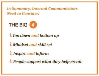 In Summary, Internal Communicators 
Need to Consider: 
THE BIG 4 
1. Top down and bottom up 
2. Mindset and skill set 
3. ...