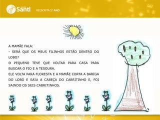 REESCRITA 1o ANO

A MAMÃE FALA:
- SERÁ QUE OS MEUS FILINHOS ESTÃO DENTRO DO
LOBO?
O PEQUENO TEVE QUE VOLTAR PARA CASA PARA
BUSCAR O FIO E A TESOURA.
ELE VOLTA PARA FLORESTA E A MAMÃE CORTA A BARIGA
DO LOBO E SAIU A CABEÇA DO CABRITINHO E, FOI
SAINDO OS SEIS CABRITINHOS.

 