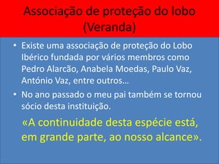 Associação de proteção do lobo
            (Veranda)
• Existe uma associação de proteção do Lobo
  Ibérico fundada por vários membros como
  Pedro Alarcão, Anabela Moedas, Paulo Vaz,
  António Vaz, entre outros…
• No ano passado o meu pai também se tornou
  sócio desta instituição.
 «A continuidade desta espécie está,
 em grande parte, ao nosso alcance».
 