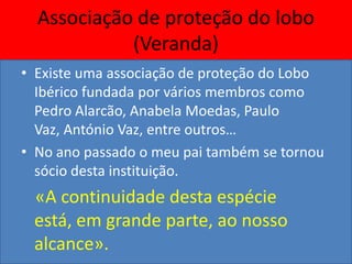 Associação de proteção do lobo
            (Veranda)
• Existe uma associação de proteção do Lobo
  Ibérico fundada por vários membros como
  Pedro Alarcão, Anabela Moedas, Paulo
  Vaz, António Vaz, entre outros…
• No ano passado o meu pai também se tornou
  sócio desta instituição.
 «A continuidade desta espécie
 está, em grande parte, ao nosso
 alcance».
 