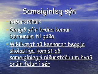 Sameiginleg sýn Niðurstöður: Gengið yfir brúna kemur börnunum til góða. Mikilvægt að kennarar beggja skólastiga komist að sameiginlegri niðurstöðu um hvað brúin felur í sér   