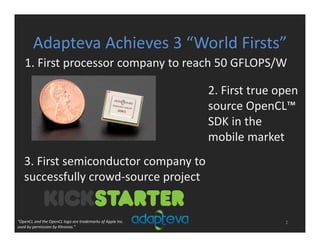 Adapteva Achieves 3 “World Firsts”
2
1. First processor company to reach 50 GFLOPS/W
2. First true open 
source OpenCL™
SDK in the 
mobile market
3. First semiconductor company to 
successfully crowd‐source project
“OpenCL and the OpenCL logo are trademarks of Apple Inc. 
used by permission by Khronos.”
 