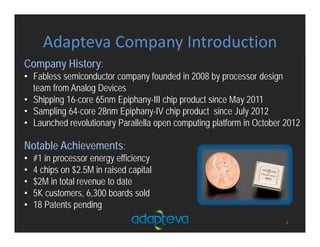 Adapteva Company Introduction
3
Company History:
• Fabless semiconductor company founded in 2008 by processor design
team from Analog Devices
• Shipping 16-core 65nm Epiphany-III chip product since May 2011
• Sampling 64-core 28nm Epiphany-IV chip product since July 2012
• Launched revolutionary Parallella open computing platform in October 2012
Notable Achievements:
• #1 in processor energy efficiency
• 4 chips on $2.5M in raised capital
• $2M in total revenue to date
• 5K customers, 6,300 boards sold
• 18 Patents pending
 