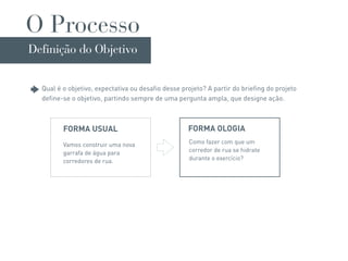 O Processo
Definição do Objetivo


  Qual é o objetivo, expectativa ou desafio desse projeto? A partir do briefing do projeto
  define-se o objetivo, partindo sempre de uma pergunta ampla, que designe ação.



         FORMA USUAL                                FORMA OLOGIA
         Vamos construir uma nova                   Como fazer com que um
         garrafa de água para                       corredor de rua se hidrate
         corredores de rua.                         durante o exercício?
 