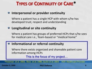 PhD Defense 6October 9, 2009
TYPES OF CONTINUITY OF CARE*
Interpersonal or provider continuity
Where a patient has a single HCP with whom s/he has
developed trust, respect and understanding
Longitudinal or site continuity
Where a patient has groups of preferred HCPs that s/he sees
for medical care i.e., Team-based or “medical home”
Informational or referral continuity
Where there exists organized and shareable patient core
information among HCPs
This is the focus of my project…
*Freeman et al. 2003, Roos et al. 1980, Saultz et al. 2003 HCP: Healthcare Provider
 