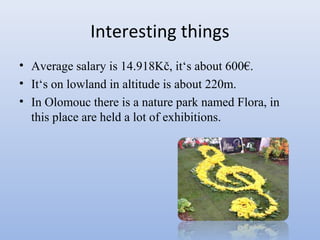 Interesting things
• Average salary is 14.918Kč, it‘s about 600€.
• It‘s on lowland in altitude is about 220m.
• In Olomouc there is a nature park named Flora, in
this place are held a lot of exhibitions.

 