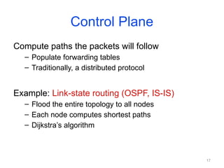 17
Control Plane
Compute paths the packets will follow
– Populate forwarding tables
– Traditionally, a distributed protocol
Example: Link-state routing (OSPF, IS-IS)
– Flood the entire topology to all nodes
– Each node computes shortest paths
– Dijkstra’s algorithm
 