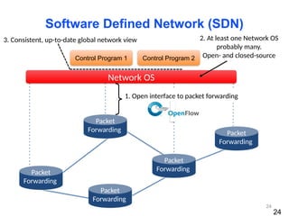 24
Control Program 1
Network OS
1. Open interface to packet forwarding
3. Consistent, up-to-date global network view 2. At least one Network OS
probably many.
Open- and closed-source
Software Defined Network (SDN)
Packet
Forwarding
Packet
Forwarding
Packet
Forwarding
Packet
Forwarding
Packet
Forwarding
Control Program 2
24
 