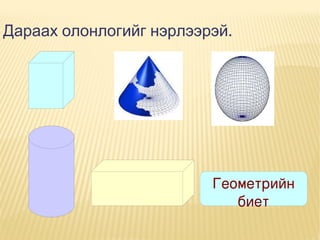 Дараах олонлогийг нэрлээрэй.

Геометрийн
биет

 