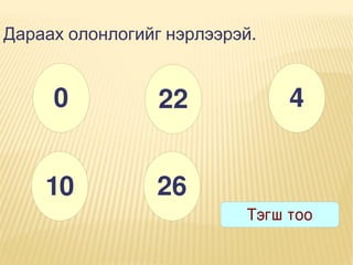 Дараах олонлогийг нэрлээрэй.

0

22

10

4

26
Тэгш тоо

 