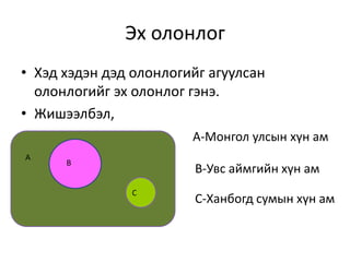 Эх олонлог
• Хэд хэдэн дэд олонлогийг агуулсан
олонлогийг эх олонлог гэнэ.
• Жишээлбэл,
• А-Монгол улсын хүн ам
A
B-Увс аймгийн хүн ам
С-Ханбогд сумын хүн ам
В
С
 