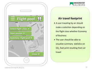 Summary flight pool
Start session 
Select flight class 
Flight pool
Close 
Air travel footprint
A user traveling by air should
make a selection depending on
the flight class whether Economy
of Business
The user should be able to
visualize summary statistics on
CO2 foot print resulting from air
travel
10Collective Sensing WS 2012/13
 