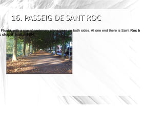 r Fluvià, with a row of centenary plane trees on both sides. At one end there is Saint Roc bridge, Saint Ro
c chapel, built in 1594.
 