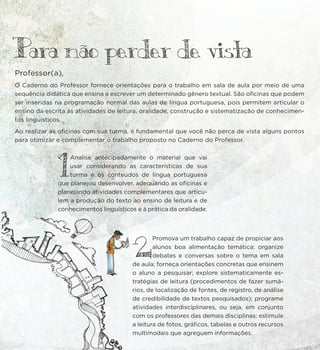 Para nao perder de vista
Professor(a),
O Caderno do Professor fornece orientações para o trabalho em sala de aula por meio de uma
sequência didática que ensina a escrever um determinado gênero textual. São oficinas que podem
ser inseridas na programação normal das aulas de língua portuguesa, pois permitem articular o
ensino da escrita às atividades de leitura, oralidade, construção e sistematização de conhecimen-
tos linguísticos.
Ao realizar as oficinas com sua turma, é fundamental que você não perca de vista alguns pontos
para otimizar e complementar o trabalho proposto no Caderno do Professor.
1
Analise antecipadamente o material que vai
usar considerando as características de sua
turma e os conteúdos de língua portuguesa
que planejou desenvolver, adequando as oficinas e
planejando atividades complementares que articu-
lem a produção do texto ao ensino de leitura e de
conhecimentos linguísticos e à prática da oralidade.
2
Promova um trabalho capaz de propiciar aos
alunos boa alimentação temática: organize
debates e conversas sobre o tema em sala
de aula; forneça orientações concretas que ensinem
o aluno a pesquisar; explore sistematicamente es-
tratégias de leitura (procedimentos de fazer sumá-
rios, de localização de fontes, de registro, de análise
de credibilidade de textos pesquisados); programe
atividades interdisciplinares, ou seja, em conjunto
com os professores das demais disciplinas; estimule
a leitura de fotos, gráficos, tabelas e outros recursos
multimodais que agreguem informações.
 