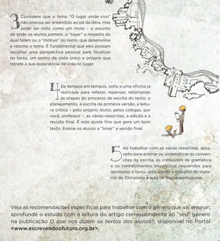 4
De tempos em tempos, volte a uma oficina já
realizada para refazer, repensar, retomando
as etapas do processo de escrita do texto: o
planejamento, a escrita da primeira versão, a leitu-
ra crítica – pelo próprio aluno; pelos colegas; por
você, professor –, as várias reescritas, a edição e a
revisão final. É este ajuste fino que gera um bom
texto. Ensine os alunos a “limar” a versão final.
5
Ao trabalhar com as várias reescritas, apro-
veite para ensinar ou sistematizar as conven-
ções da escrita, os conteúdos de gramática
e os conhecimentos linguísticos requeridos para
aprimorar o texto, articulando o trabalho do mate-
rial da Olimpíada à aula de língua portuguesa.
Veja as recomendações específicas para trabalhar com o gênero que vai ensinar;
aprofunde o estudo com a leitura do artigo correspondente ao “seu” gênero
na publicação O que nos dizem os textos dos alunos?, disponível no Portal
<www.escrevendoofuturo.org.br>.
3
Considere que o tema “O lugar onde vivo”
não precisa ser entendido ao pé da letra, mas
pode ser visto como um mote – o assunto
de onde os alunos partem, o “lugar” a respeito do
qual falam ou o “motivo” do texto, que desenvolve
e retoma o tema. É fundamental que eles possam
escolher uma perspectiva pessoal para focalizar
no texto, um ponto de vista único e próprio que
retrate a sua experiência de vida no lugar.
 