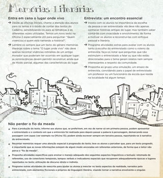 Entra em cena o lugar onde vivo
Desde as oficinas iniciais, chame a atenção dos alunos
para os temas e o modo de contar dos textos do
Caderno, sensibilizando-os para as temáticas e as
diferentes vozes utilizadas. Temos um novo texto na
Oficina 2 especialmente útil para perguntar: “Quem
vivenciou e quem está narrando a história?”.
Lembre-os sempre que um texto do gênero memórias
literárias sobre o tema “O lugar onde vivo” não deve
apenas recontar vivências rotineiras de um antigo
morador que poderiam ter ocorrido em qualquer lugar;
as reminiscências devem permitir reconstruir, ainda que
de modo parcial, algumas das características do lugar.
Entrevista: um encontro essencial
Insista com os alunos na importância da escolha
da pessoa a ser entrevistada: ela deve não apenas
conhecer histórias antigas do lugar, mas também saber
contá-las com vivacidade e envolvimento, de forma
a motivar os alunos a reconstruí-las com enfoque
pessoal e literário.
Programe atividades extras para avaliar com os alunos
tanto a escolha do entrevistado como o roteiro da
entrevista; faça-os notar que perguntas que não
estimulam o entrevistado a falar ou que não estão
direcionadas para o tema geram relatos nem sempre
interessantes a respeito da comunidade.
Proponha ao grupo uma simulação, um ensaio da
entrevista, convidando para o papel de entrevistado
um professor ou um funcionário da escola que resida
na localidade há algum tempo.
Não perder o fio da meada
*
Para a produção do texto, informe aos alunos que, se preferirem, em vez de narrar só em primeira pessoa, podem apresentar
o entrevistado e o contexto em que a entrevista foi realizada para depois passar a palavra à personagem, demarcando essa
passagem com aspas (ver exemplo na Oficina 13); podem ainda escrever sempre em terceira pessoa, reportando-se à narrativa
do entrevistado.
*
Recontar memórias requer uma atenção especial à progressão do texto; leve os alunos a perceber que, para um texto progredir,
é importante que as novas informações estejam de algum modo ancoradas em referentes anteriores, de forma que o leitor não
perca o “fio da meada”.
*
Proponha atividades específicas para ensinar o manejo adequado dos seguintes aspectos linguísticos e textuais: retomada de
referentes, uso de conectores temporais, tempos verbais e indicadores espaciais que recuperem adequadamente épocas e lugares
reportados no texto; utilização de discurso direto e indireto.
*
Programe outras atividades de reescrita para ajudar os alunos a mesclar no texto aspectos da realidade, narrados pelo
entrevistado, com elementos ficcionais e próprios da linguagem literária, visando tornar a narrativa envolvente e singular.
Memorias Literarias
 