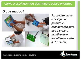 COMO O USUÁRIO FINAL CONTRIBUIU COM O PRODUTO O que mudou? Foi preciso mudar o design do produto e configuração para que o projeto mantivesse a iniciativa de custo a U$100,00. 